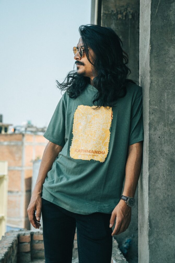 Hills & Clouds Kathmandu Map T-shirt (Green) For Men