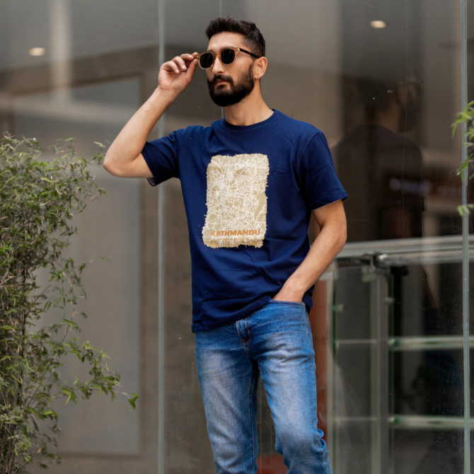 Hills & Clouds Kathmandu Map T-shirt (Navy Blue) For Men