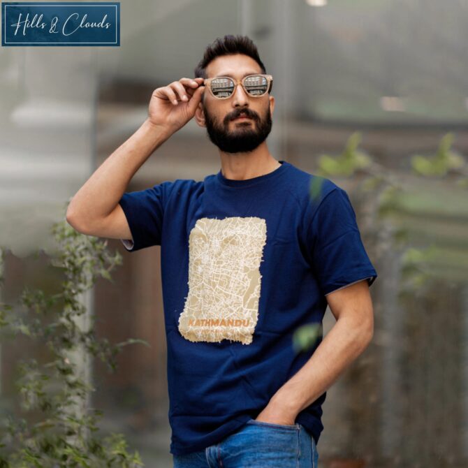 Hills & Clouds Kathmandu Map T-shirt (Navy Blue) For Men