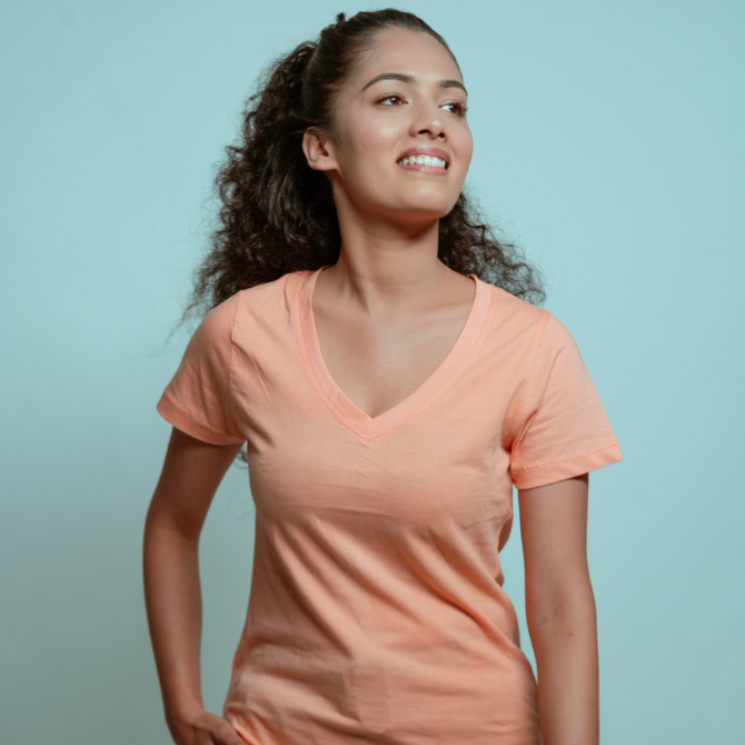 Hills & Clouds V Neck T-Shirt For Women (Peach)